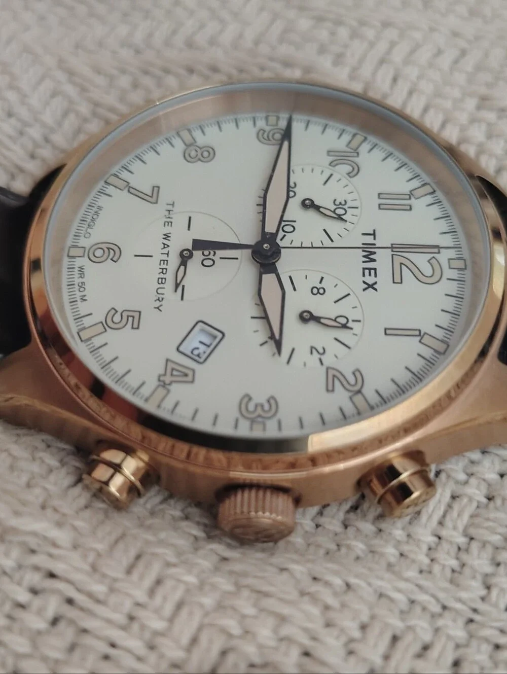 Timex Waterbury Rose Gold Tone Case with Cream Dial and Brown Leather Strap